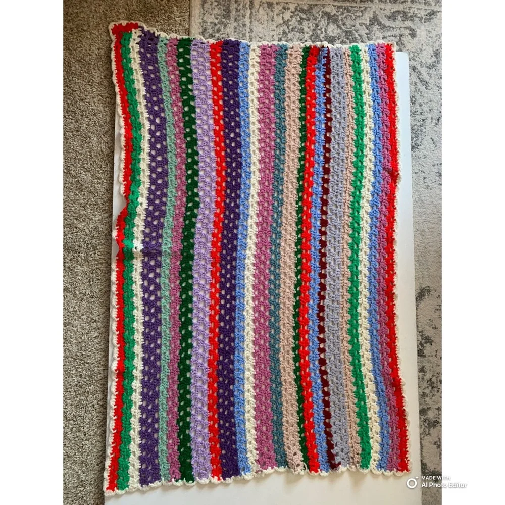 Vintage Handmade Multicolor Crochet Knit Afghan Throw Blanket